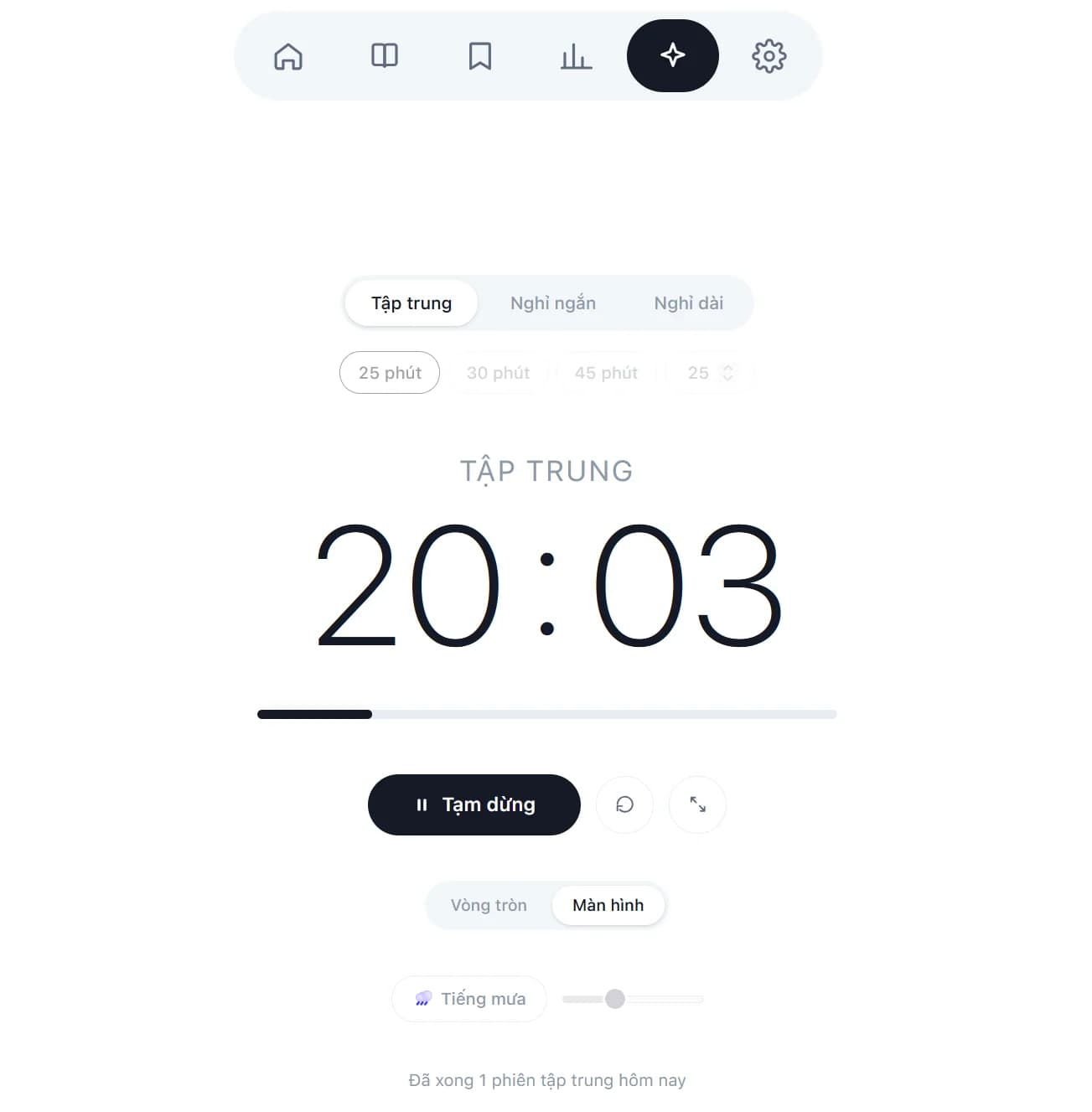 Đồng hồ Pomodoro đang chạy phiên tập trung